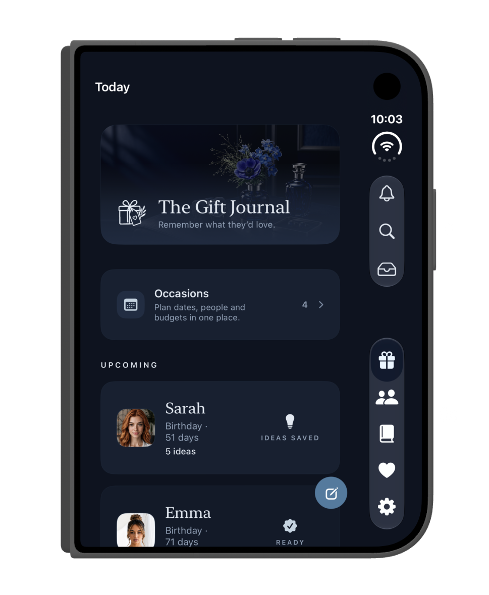 The Gift Journal Today screen in the Midnight Cobalt theme on the iPhone Duo layout