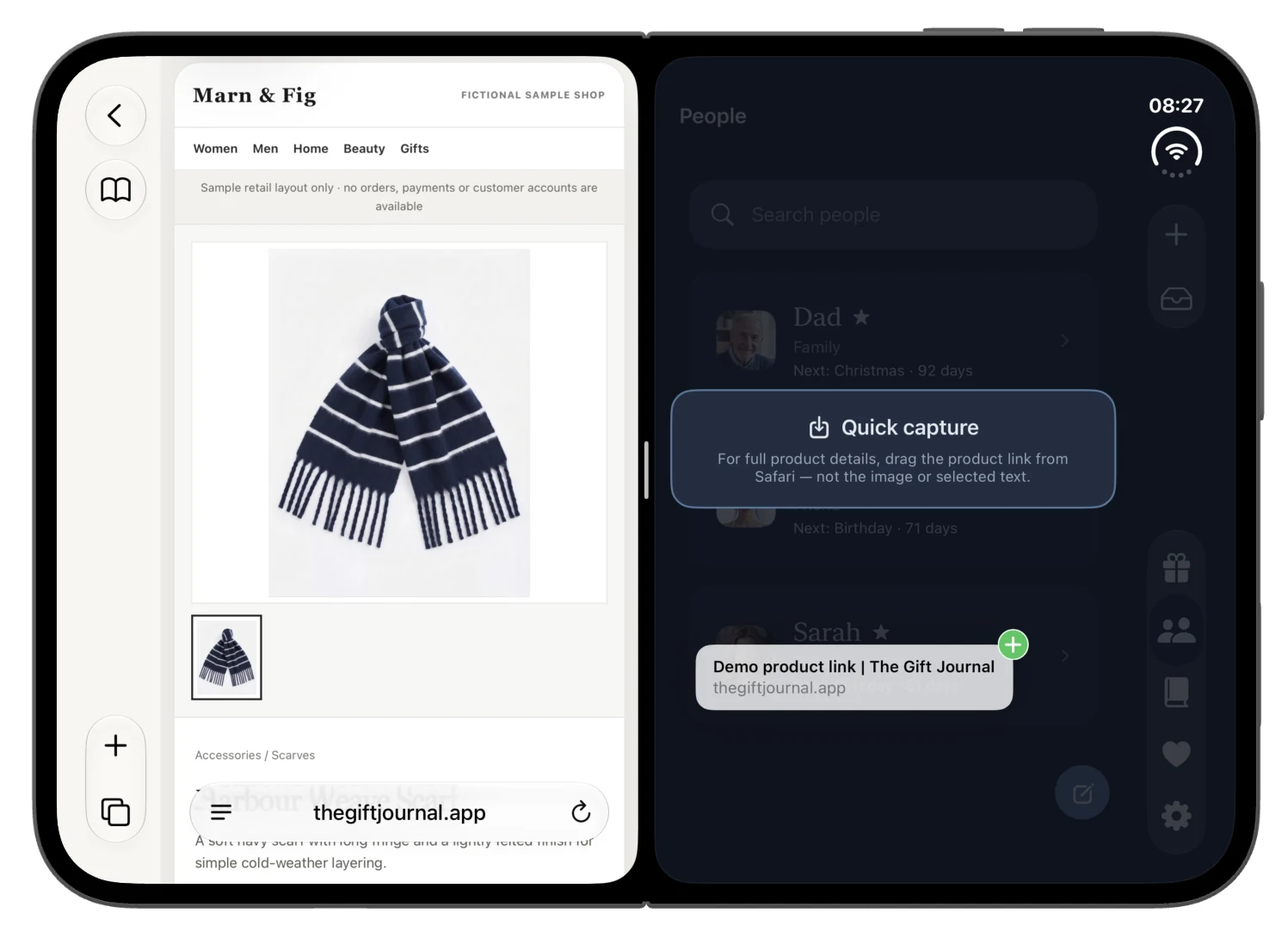 iPhone Duo development preview showing Safari beside The Gift Journal Quick Capture