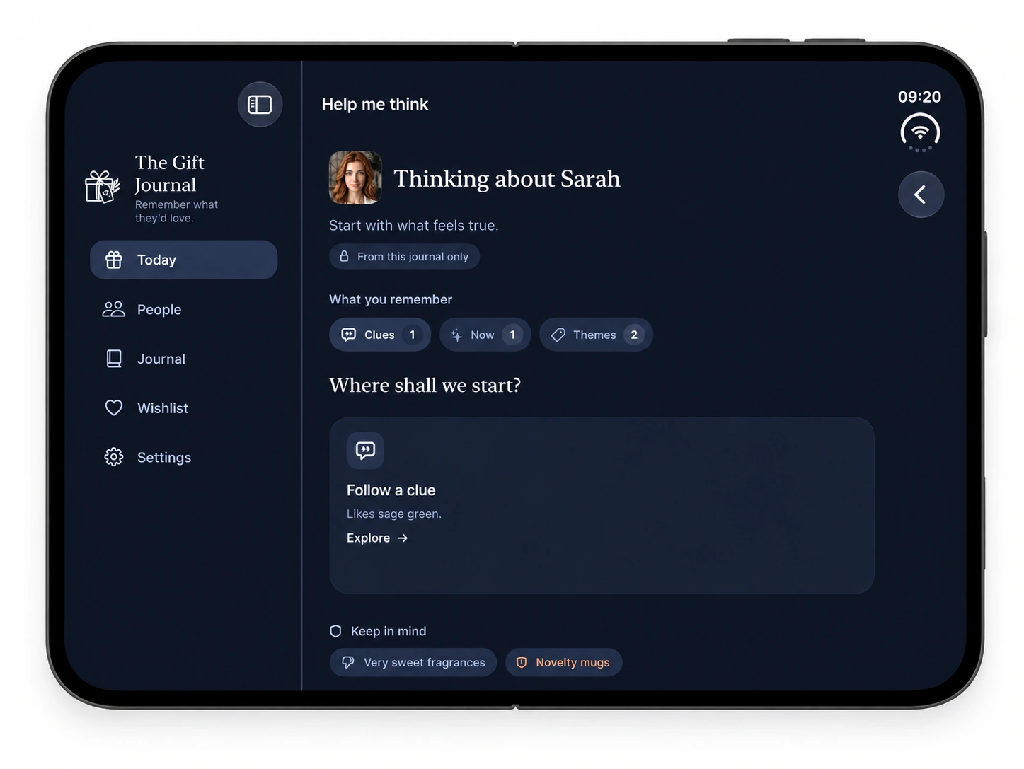 Help me think for Sarah, showing journal clues, themes and current context in the Cobalt interface